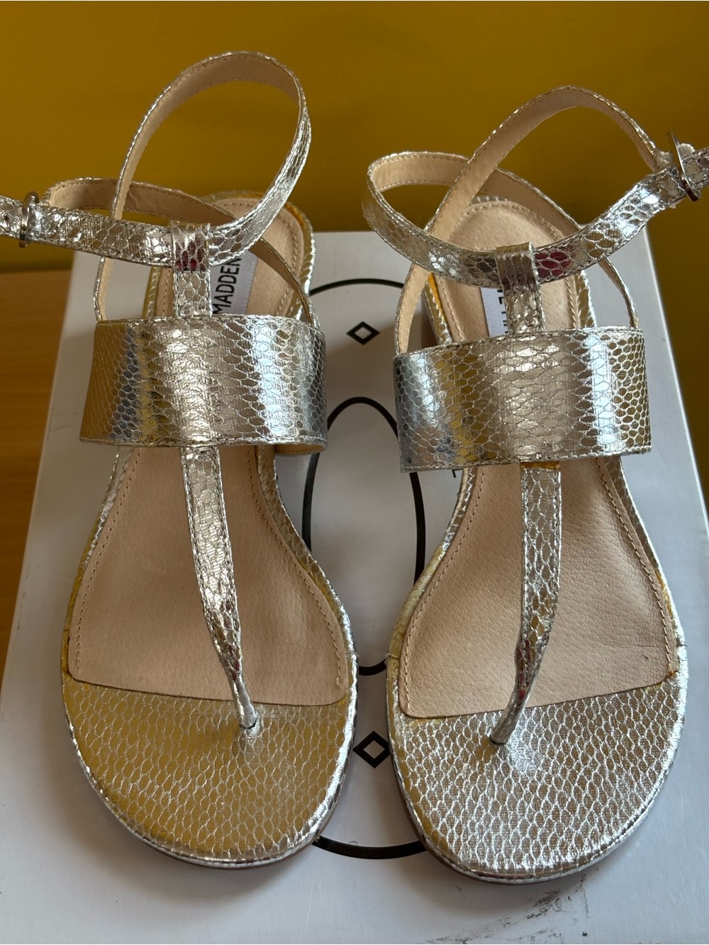 Steve Madden Metallic Silver T-Strap Women's Sandals